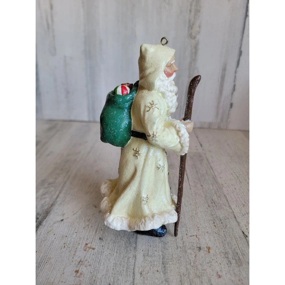 Santa‎ Claus white robe folk art rustic ornament Xmas glitter